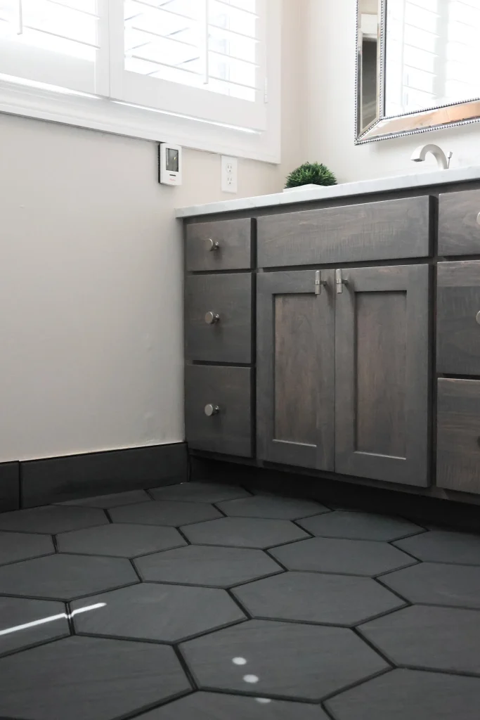 Ferreon black hexagon tiles in the bathroom