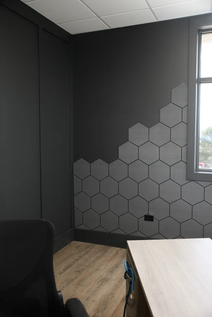 Ferreon hexagon gray and black foam tile on the wall